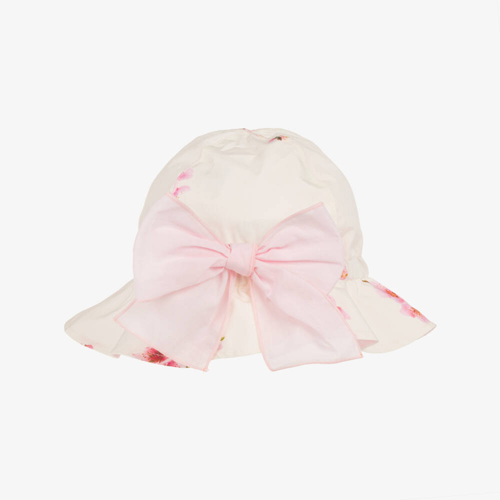 Phi Clothing-Girls Ivory & Pink Blossom Print Cotton Sun Hat | Childrensalon