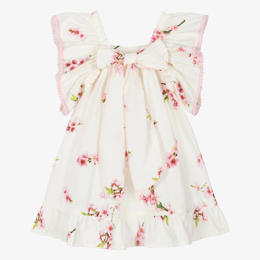 Phi Clothing-Girls Ivory & Pink Floral Dress with Pom-Pom Trim | Childrensalon
