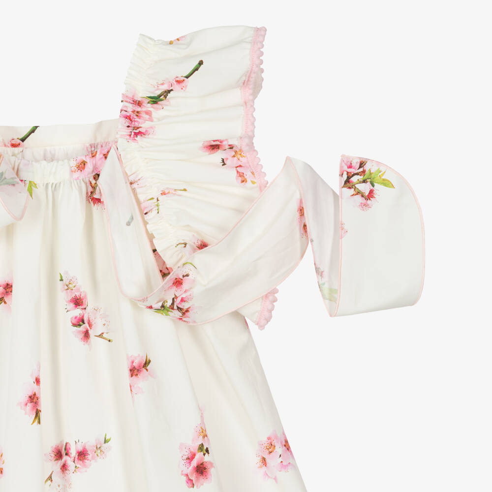 Phi Clothing-Girls Ivory & Pink Floral Dress with Pom-Pom Trim | Childrensalon