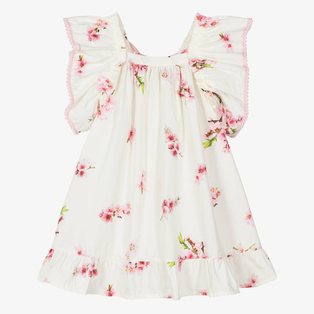 Phi Clothing-Girls Ivory & Pink Floral Dress with Pom-Pom Trim | Childrensalon