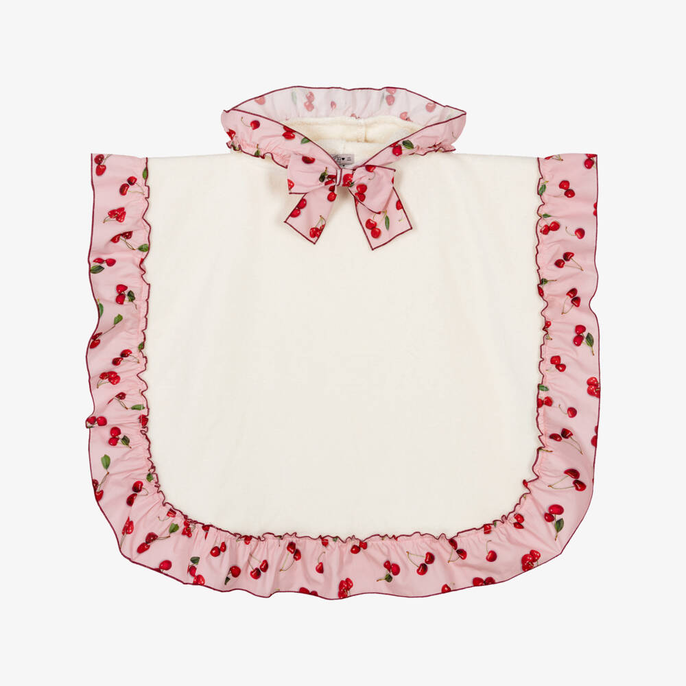 Phi Clothing-Girls Ivory Poncho Towel with Cherry Ruffle Trim | Childrensalon