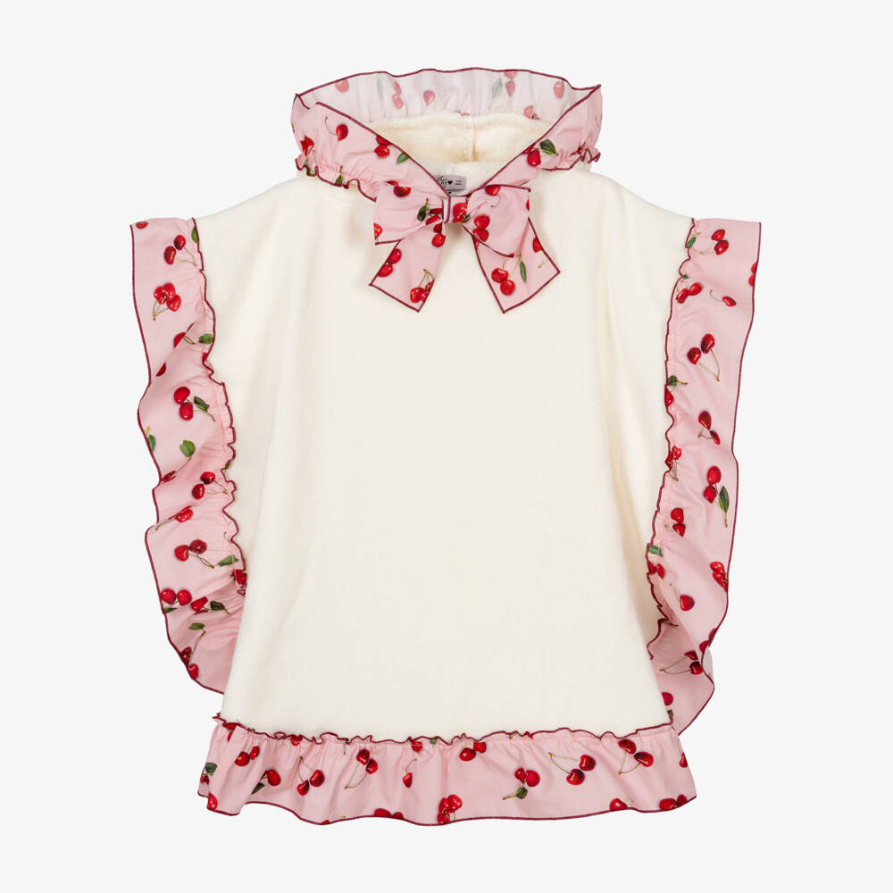 Phi Clothing-Girls Ivory Poncho Towel with Cherry Ruffle Trim | Childrensalon