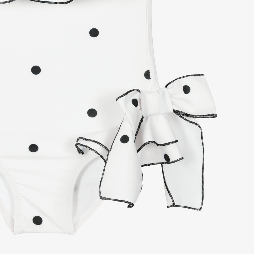 Phi Clothing-Girls Ivory Ruffle Swimsuit with Black Polka Dots | Childrensalon