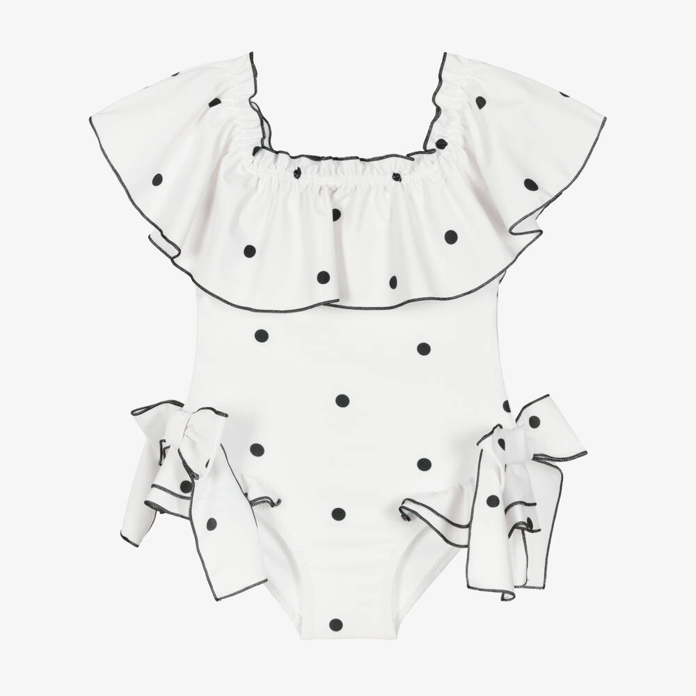 Phi Clothing-Girls Ivory Ruffle Swimsuit with Black Polka Dots | Childrensalon