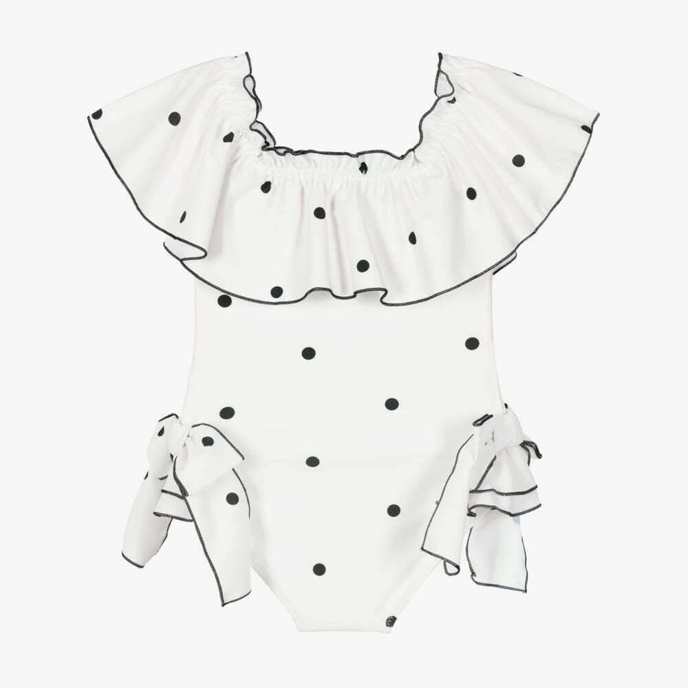 Phi Clothing-Girls Ivory Ruffle Swimsuit with Black Polka Dots | Childrensalon