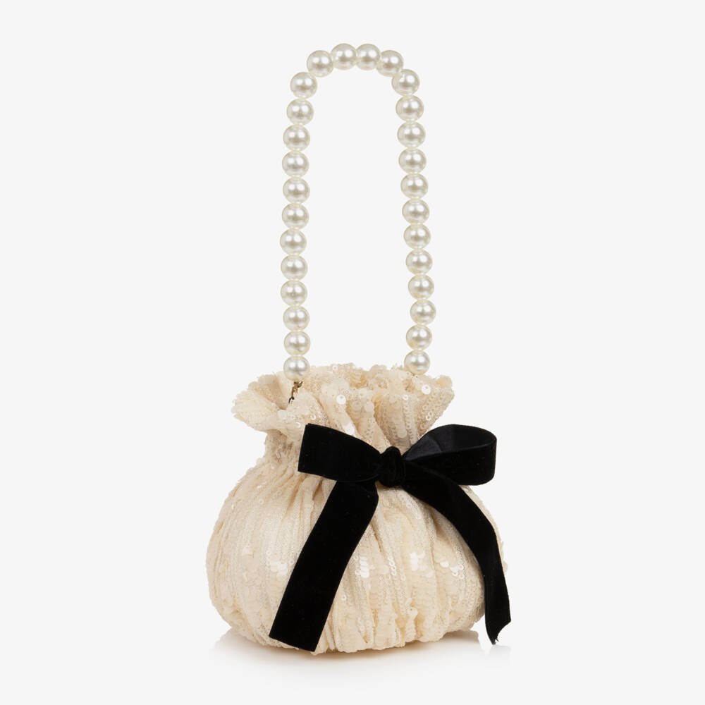 Phi Clothing-Girls Ivory Sequin Handbag with Pearl Handle (15cm) | Childrensalon