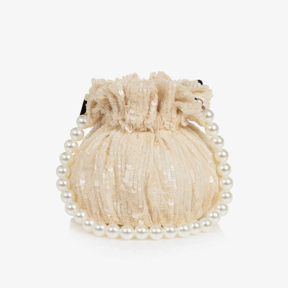Phi Clothing-Girls Ivory Sequin Handbag with Pearl Handle (15cm) | Childrensalon
