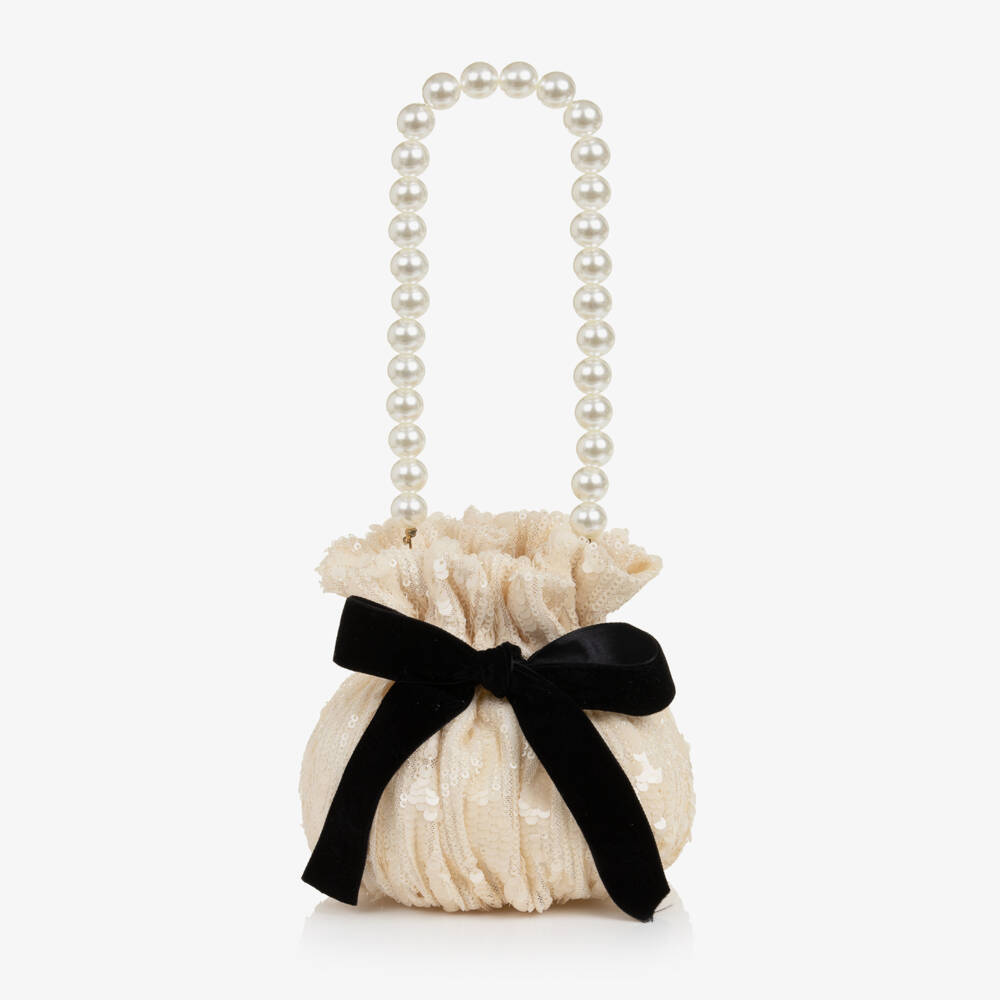 Phi Clothing-Girls Ivory Sequin Handbag with Pearl Handle (15cm) | Childrensalon