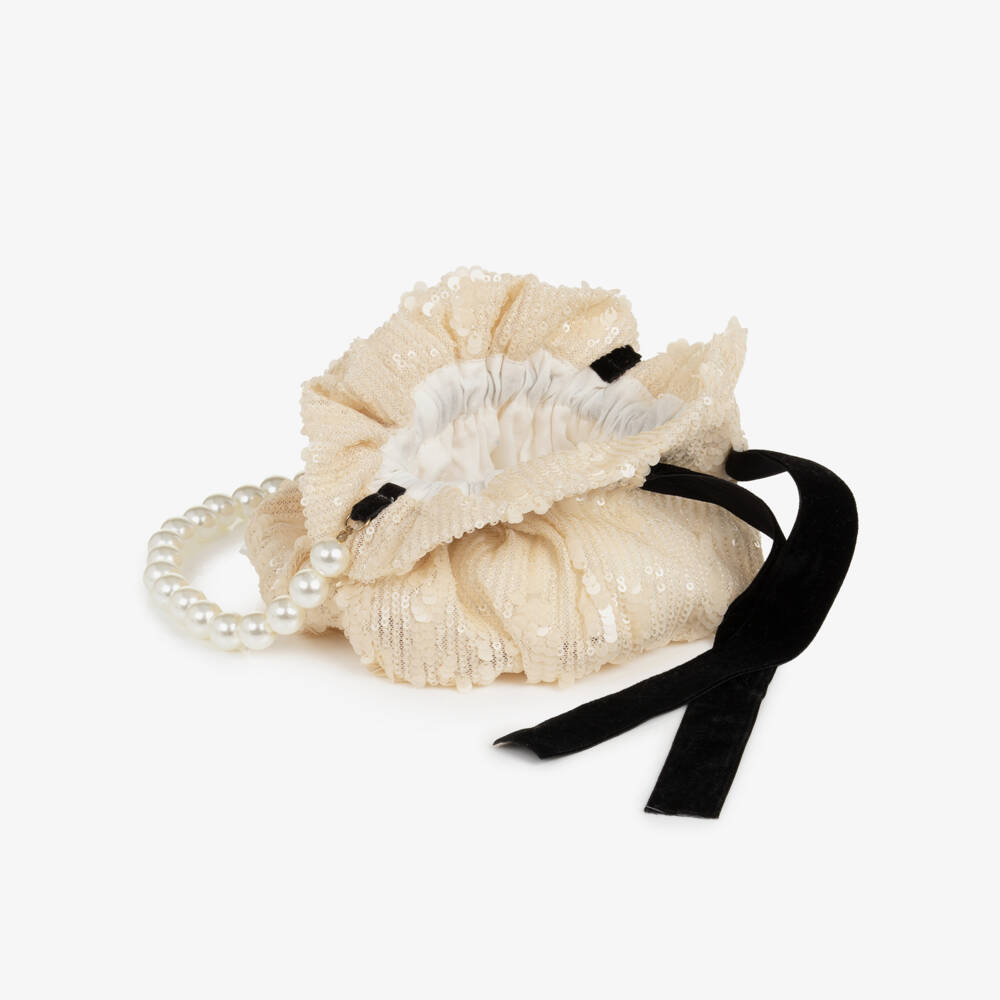 Phi Clothing-Girls Ivory Sequin Handbag with Pearl Handle (15cm) | Childrensalon