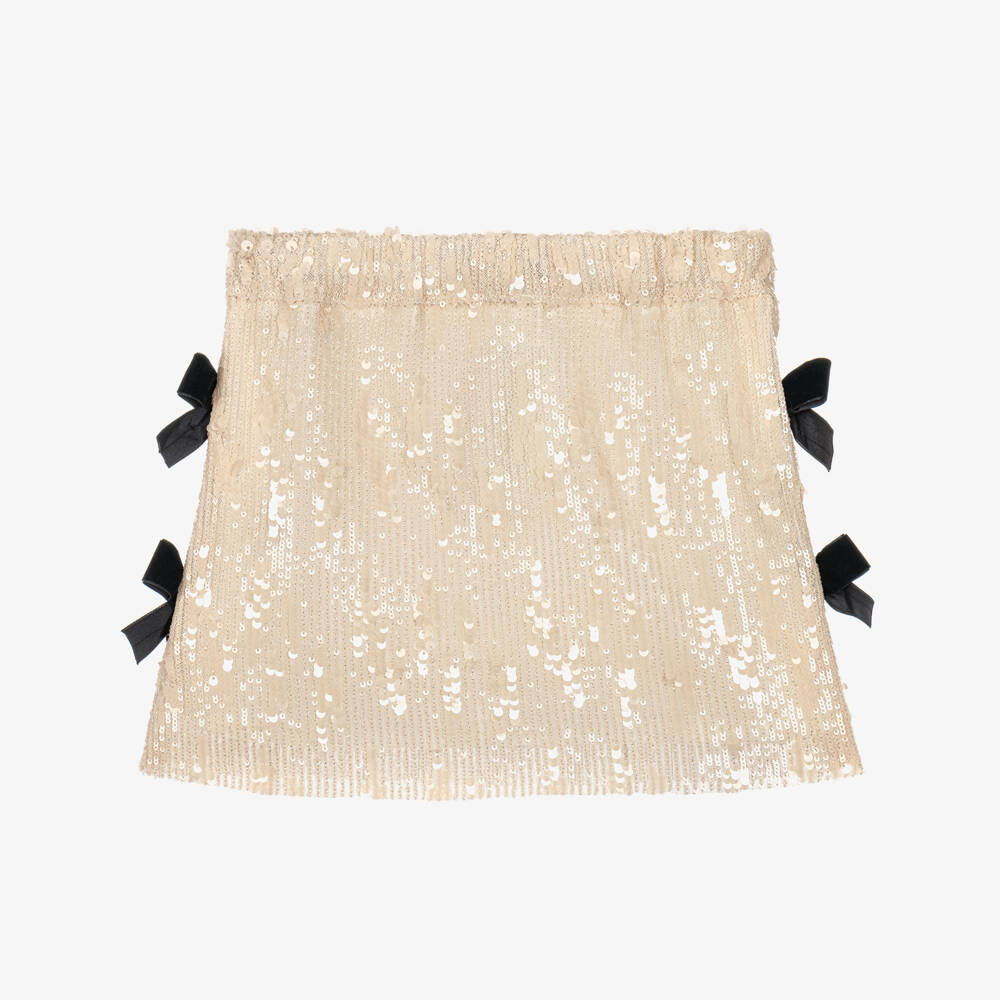 Phi Clothing-Girls Ivory Sequin Skirt With Black Velvet Bows | Childrensalon