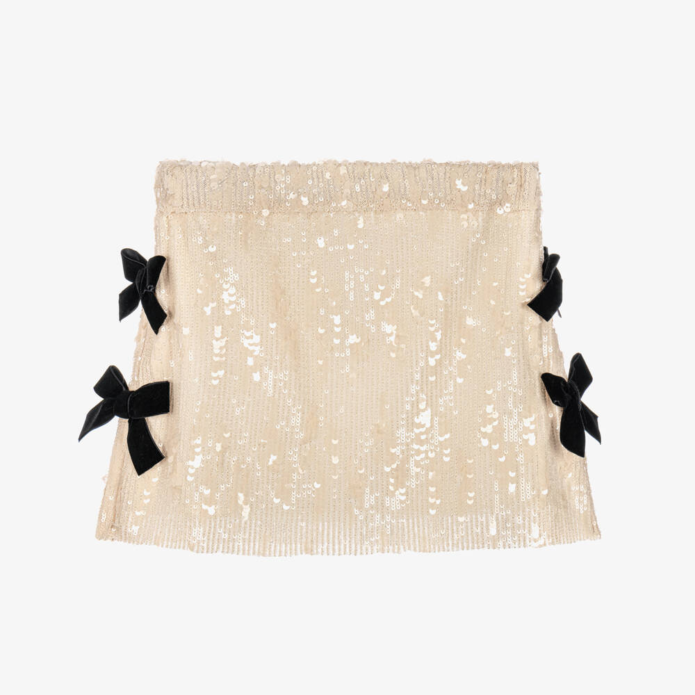 Phi Clothing-Girls Ivory Sequin Skirt With Black Velvet Bows | Childrensalon
