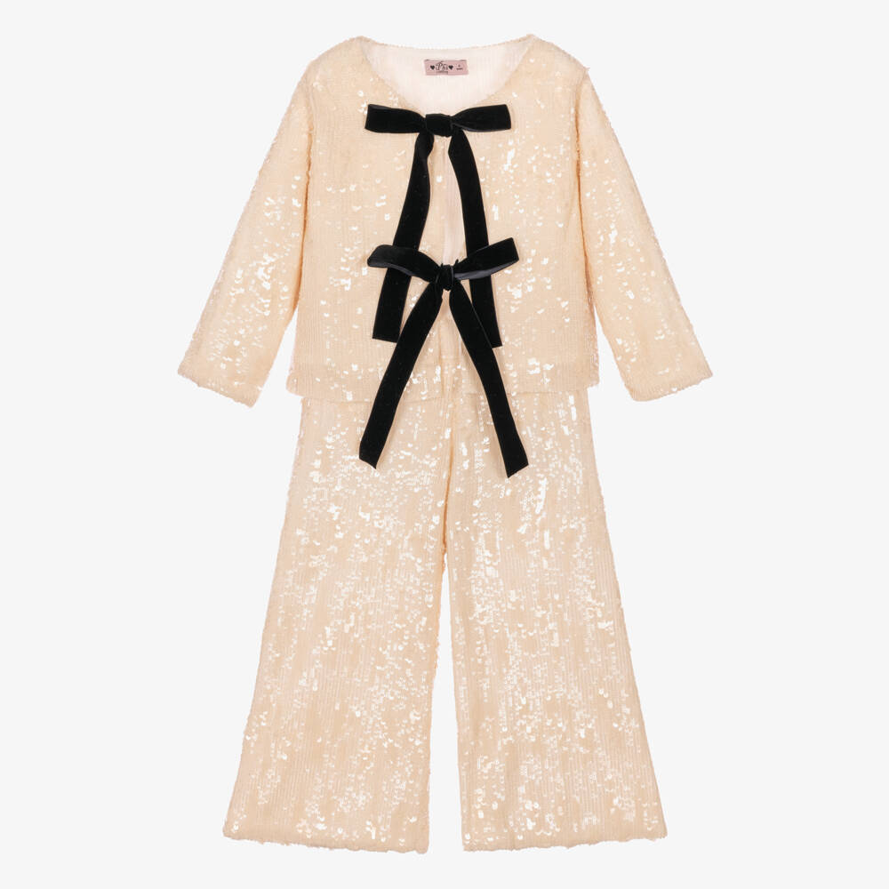 Phi Clothing-Girls Ivory Sequinned Trouser Set With Black Velvet Bows | Childrensalon