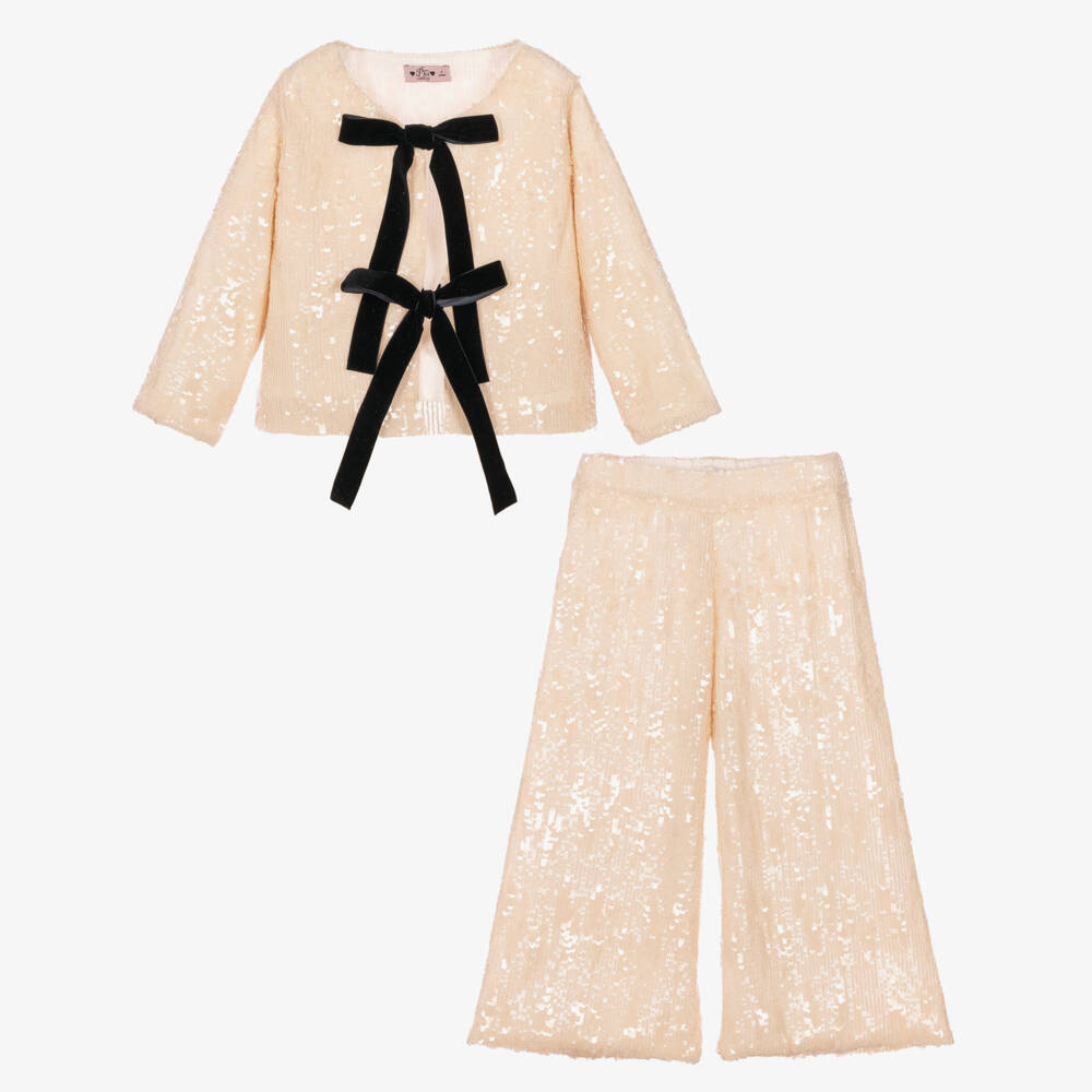 Phi Clothing-Girls Ivory Sequinned Trouser Set With Black Velvet Bows | Childrensalon