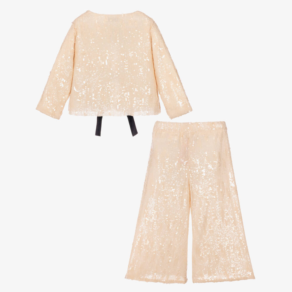 Phi Clothing-Girls Ivory Sequinned Trouser Set With Black Velvet Bows | Childrensalon