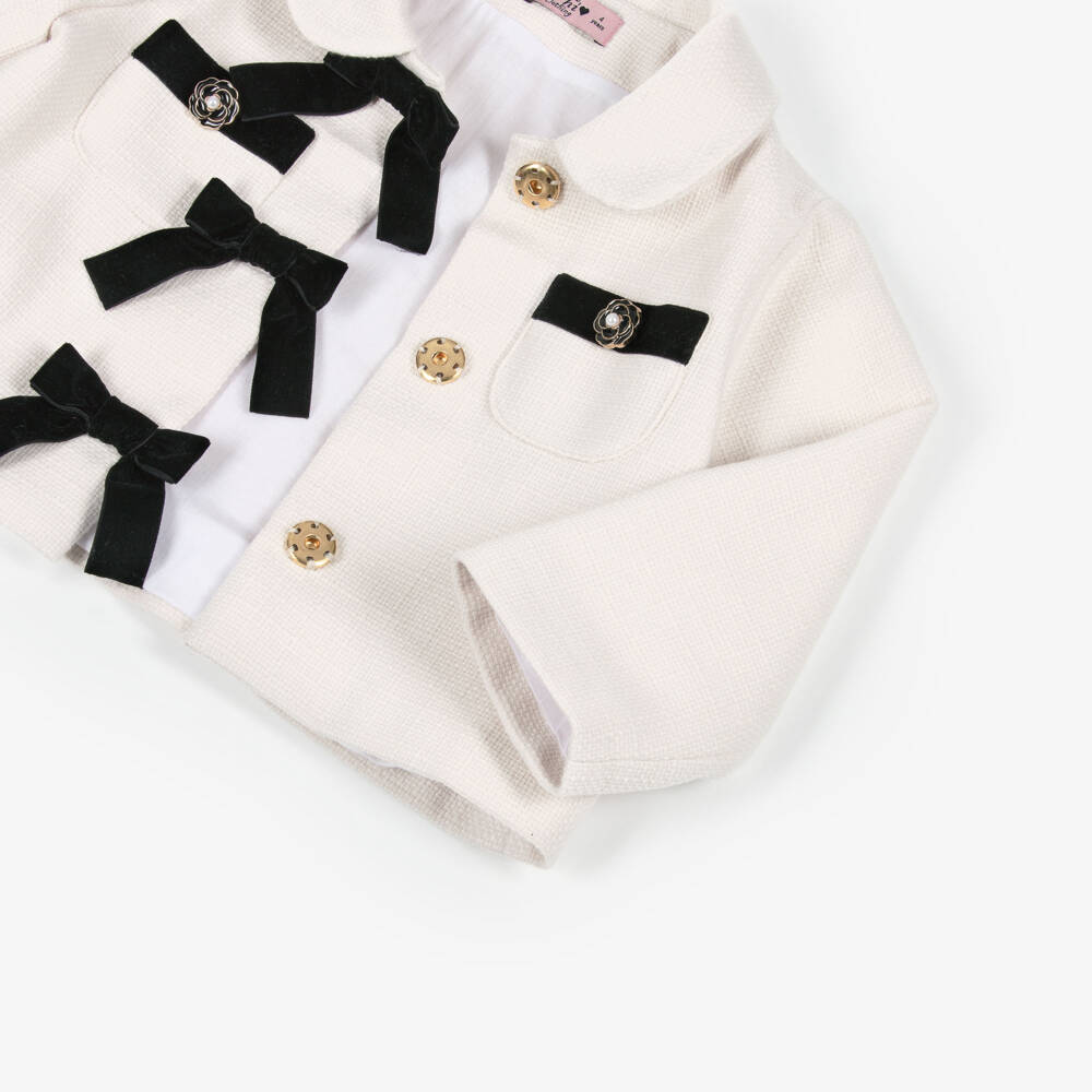 Phi Clothing-Girls Ivory Tweed Jacket with Velvet Bows | Childrensalon