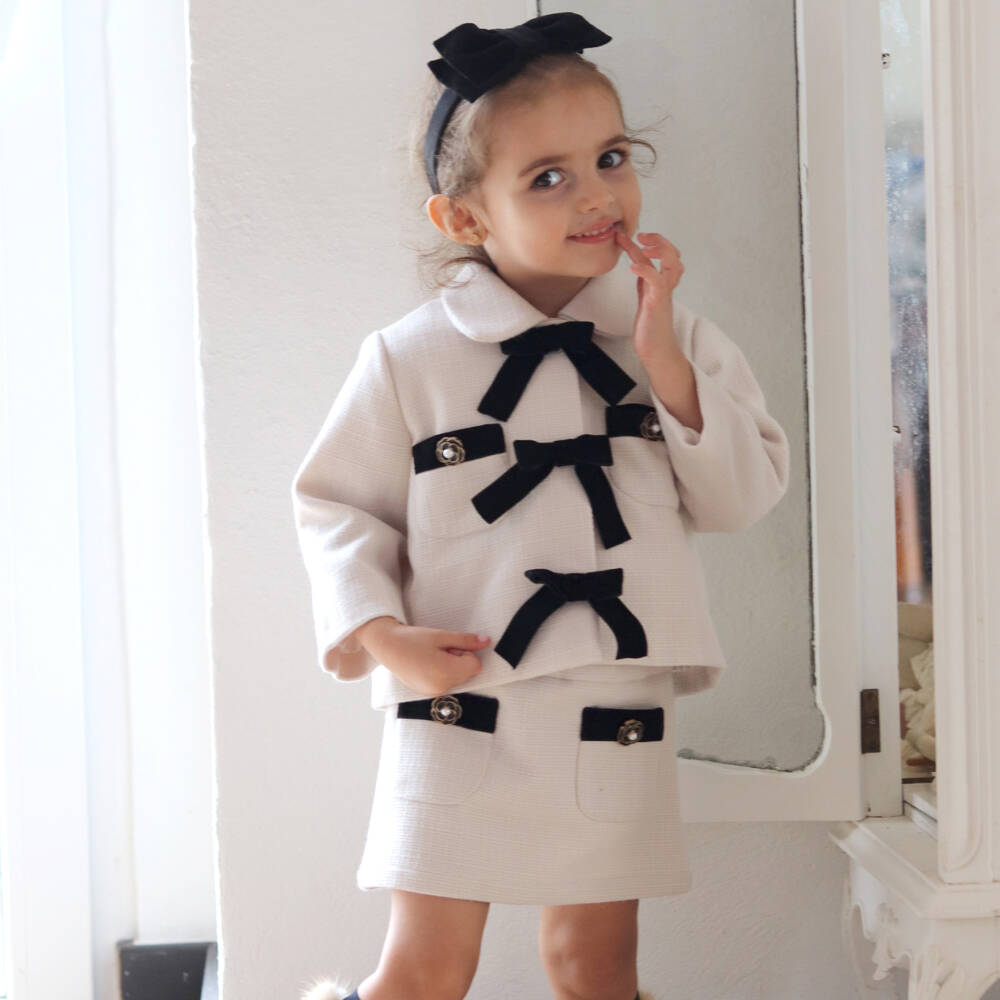 Phi Clothing-Girls Ivory Tweed Jacket with Velvet Bows | Childrensalon