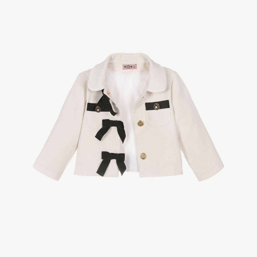 Phi Clothing-Girls Ivory Tweed Jacket with Velvet Bows | Childrensalon