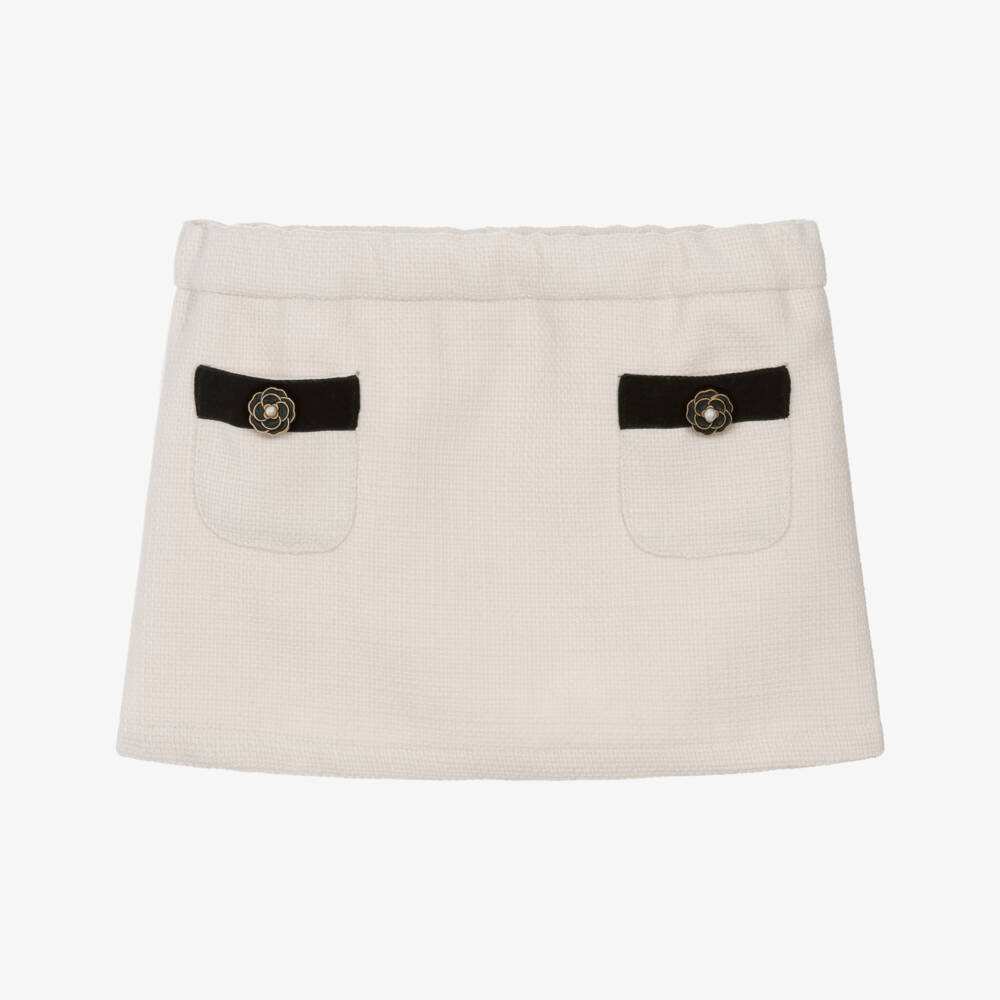 Phi Clothing-Girls Ivory Tweed Skirt with Black Velvet Trims | Childrensalon