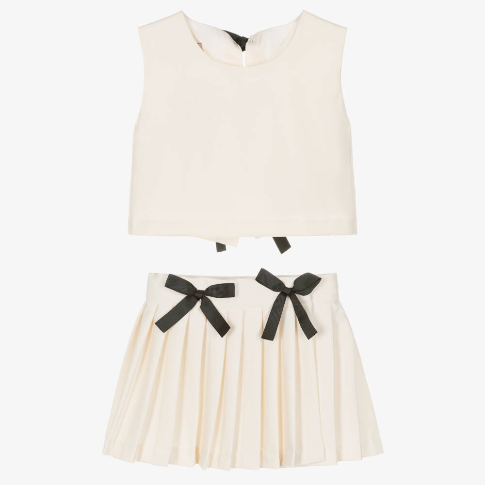 Phi Clothing-Girls Ivory Twill Pleated Skirt Set with Black Bows | Childrensalon