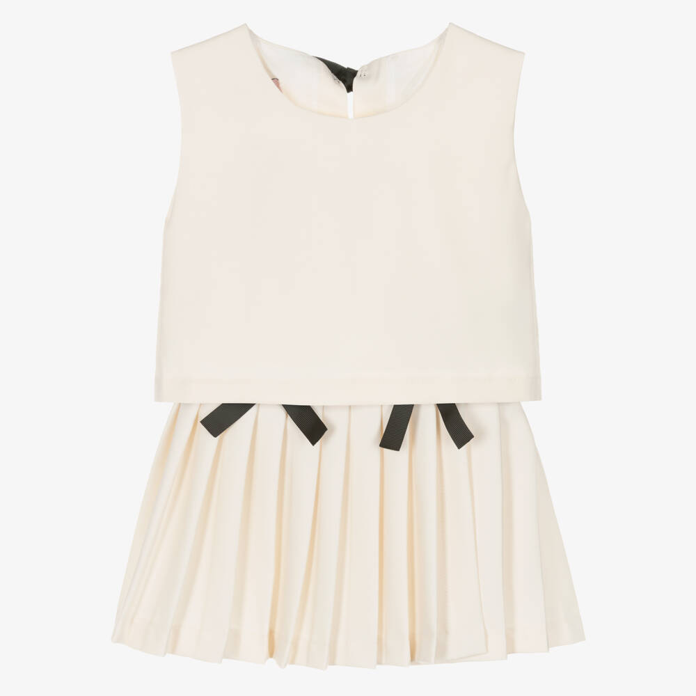 Phi Clothing-Girls Ivory Twill Pleated Skirt Set with Black Bows | Childrensalon