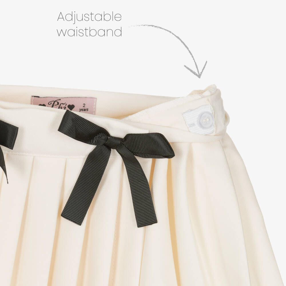 Phi Clothing-Girls Ivory Twill Pleated Skirt Set with Black Bows | Childrensalon
