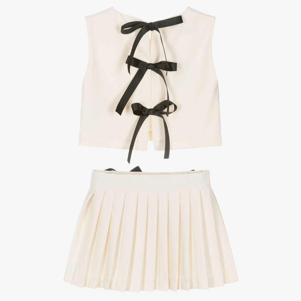 Phi Clothing-Girls Ivory Twill Pleated Skirt Set with Black Bows | Childrensalon