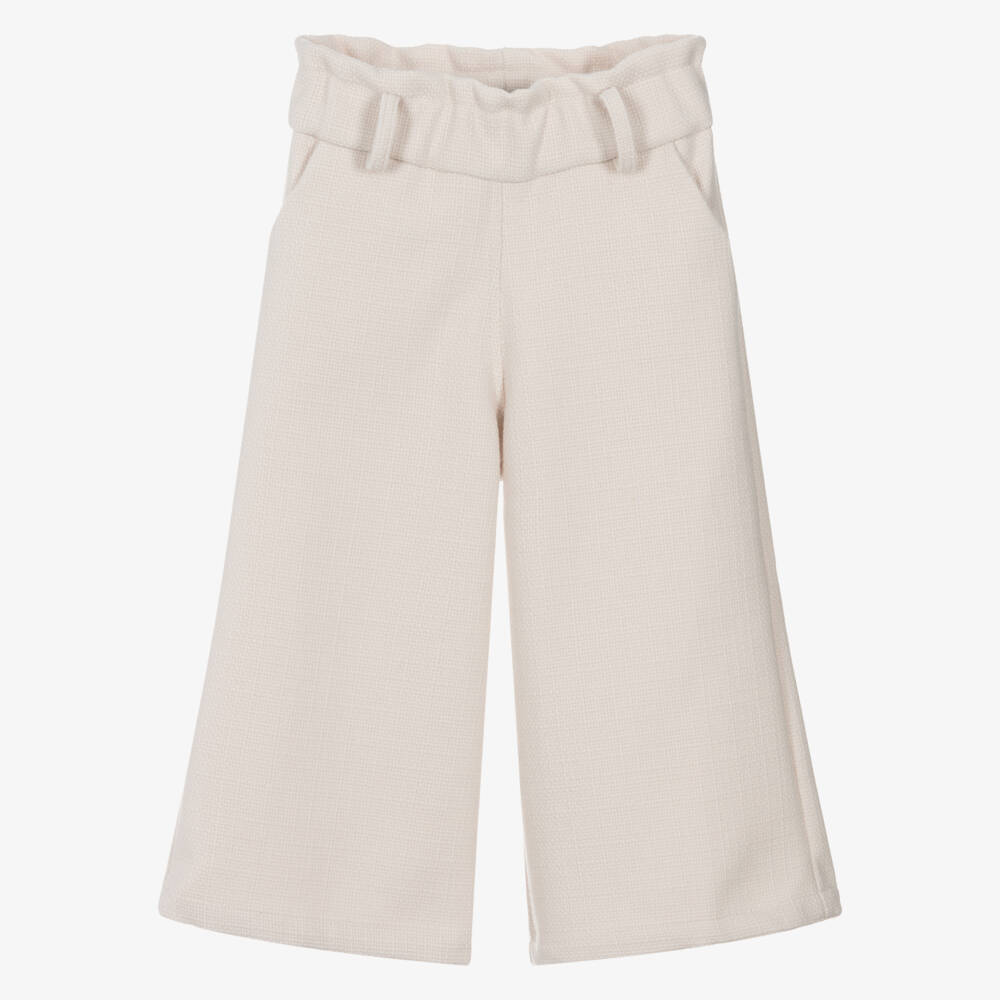 Phi Clothing-Girls Ivory Wide-Leg Tweed Trousers with Tie Belt | Childrensalon