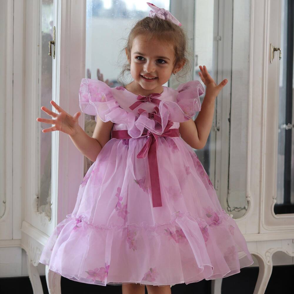 Phi Clothing-فستان مزين بورود وكشكش أورغانزا لون بنفسجي | Childrensalon