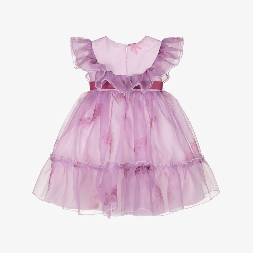 Phi Clothing-فستان مزين بورود وكشكش أورغانزا لون بنفسجي | Childrensalon