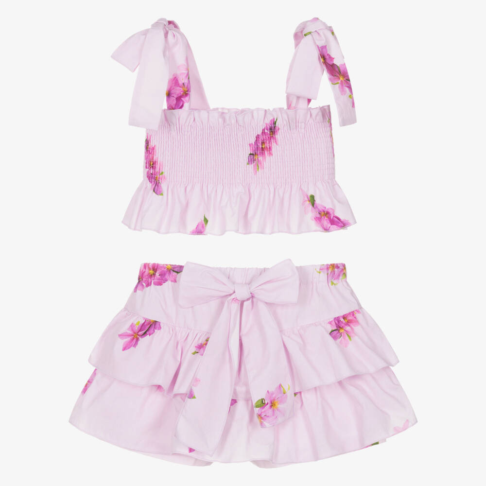 Phi Clothing-Girls Lilac Pink Floral Cotton Skirt Set | Childrensalon