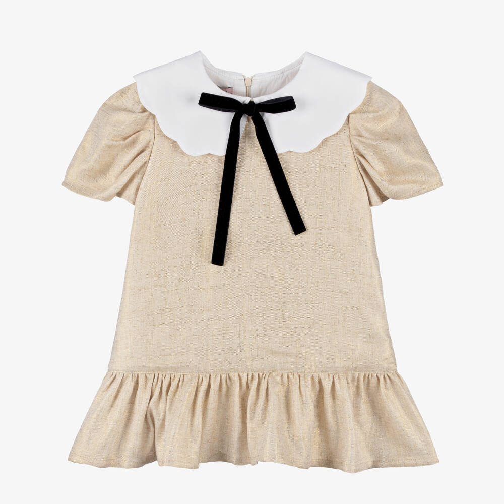 Phi Clothing-Girls Pale Gold Dress with Scalloped Collar & Velvet Bow | Childrensalon