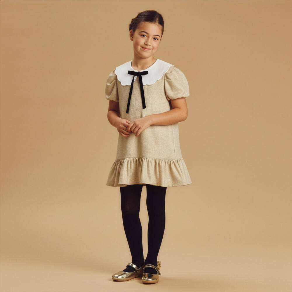 Phi Clothing-فستان بياقة صدفية وفيونكة مخمل لون ذهبي فاتح للبنات | Childrensalon