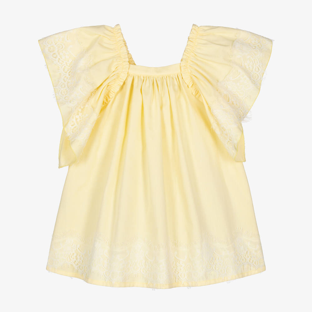 Phi Clothing-Girls Pale Yellow Cotton Dress with Lace Trims | Childrensalon
