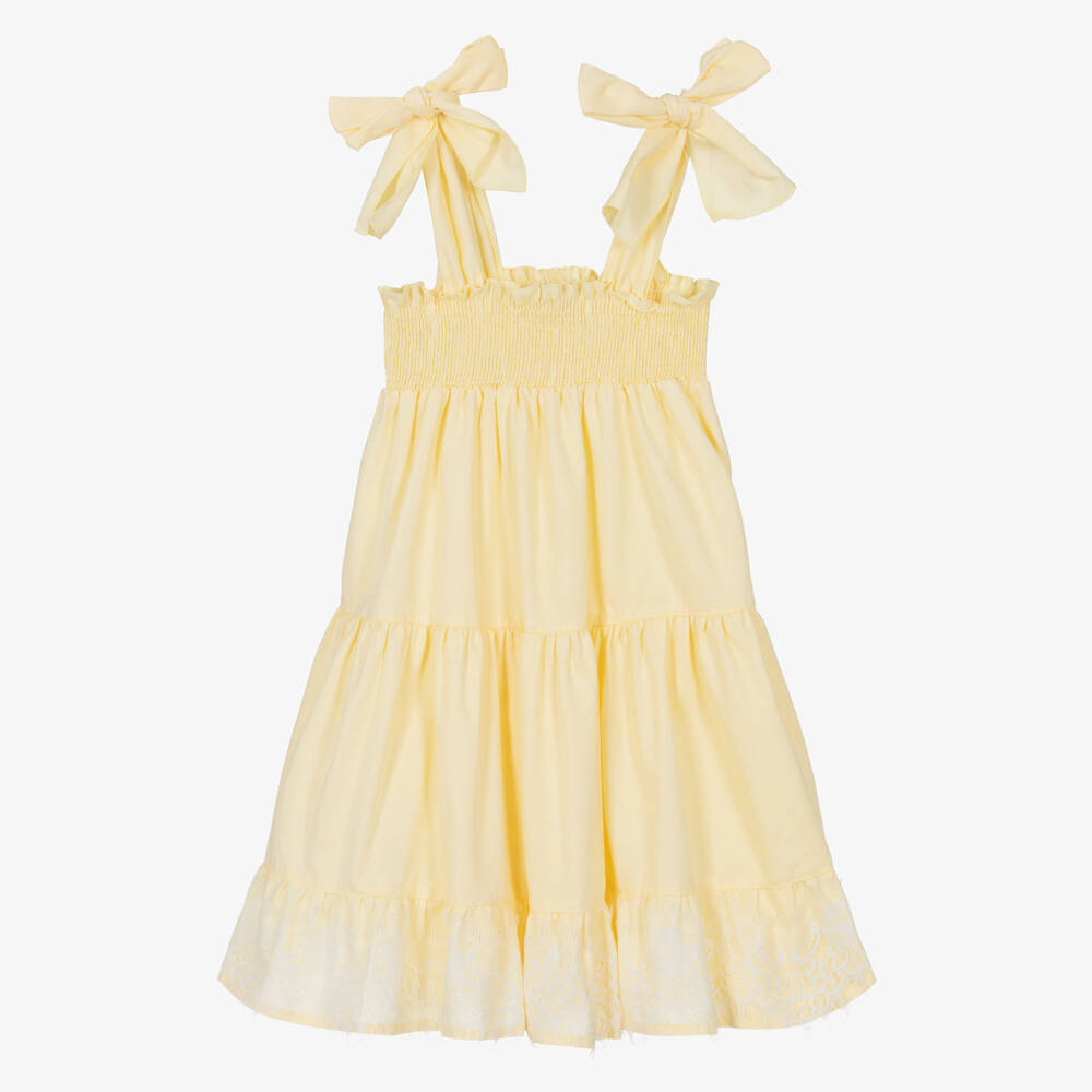 Phi Clothing-Girls Pale Yellow Cotton Sleeveless Dress with Lace Trims | Childrensalon