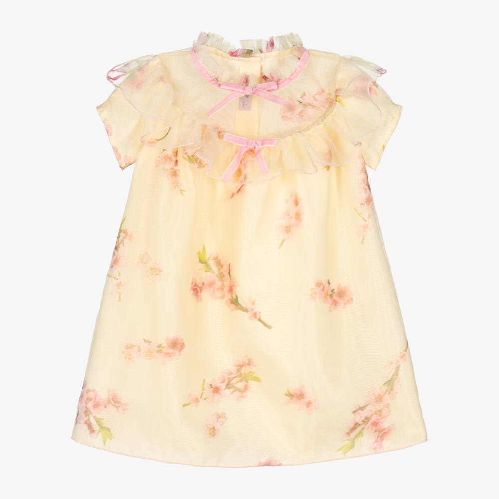 Phi Clothing-Girls Pale Yellow Organza Dress with Pink Blossom Print | Childrensalon
