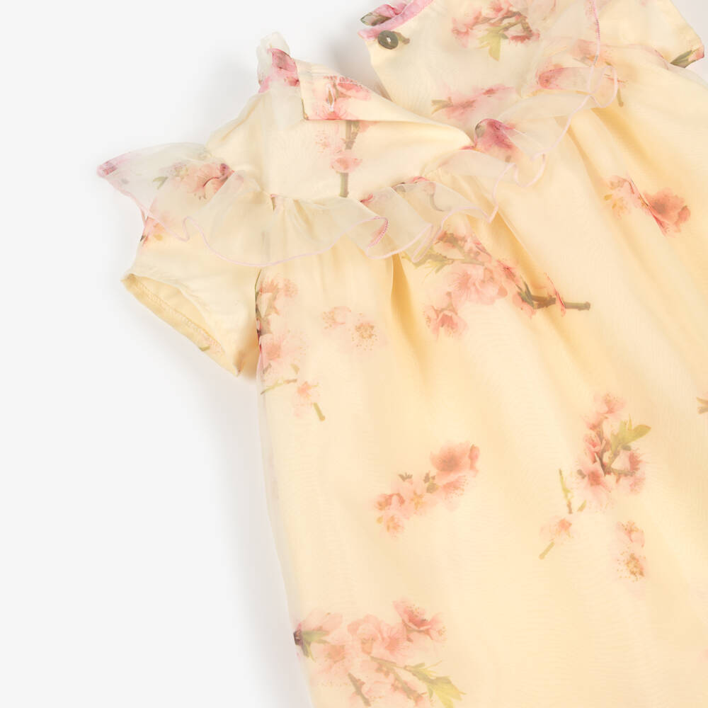 Phi Clothing-Girls Pale Yellow Organza Dress with Pink Blossom Print | Childrensalon