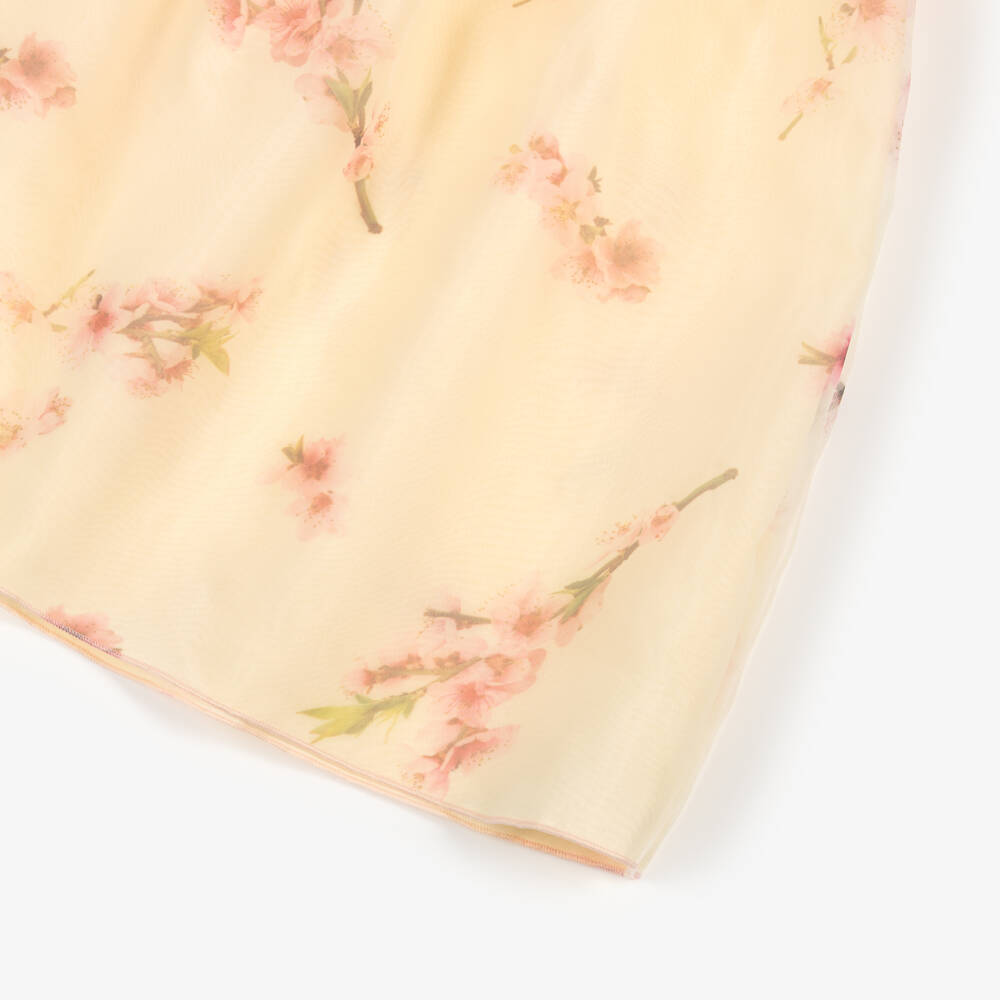 Phi Clothing-Girls Pale Yellow Organza Dress with Pink Blossom Print | Childrensalon