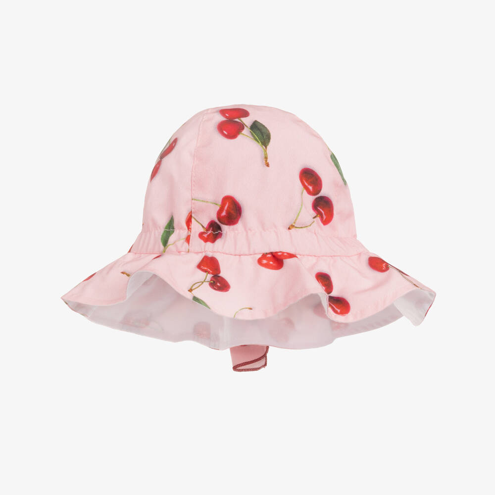 Phi Clothing-Girls Pink Cherry Print Cotton Sun Hat with Bow | Childrensalon