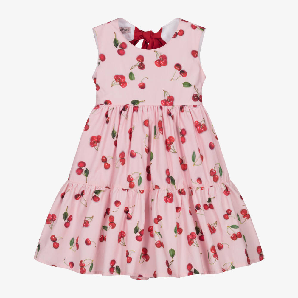 Phi Clothing-Girls Pink Cotton Dress with Red Cherry Print | Childrensalon