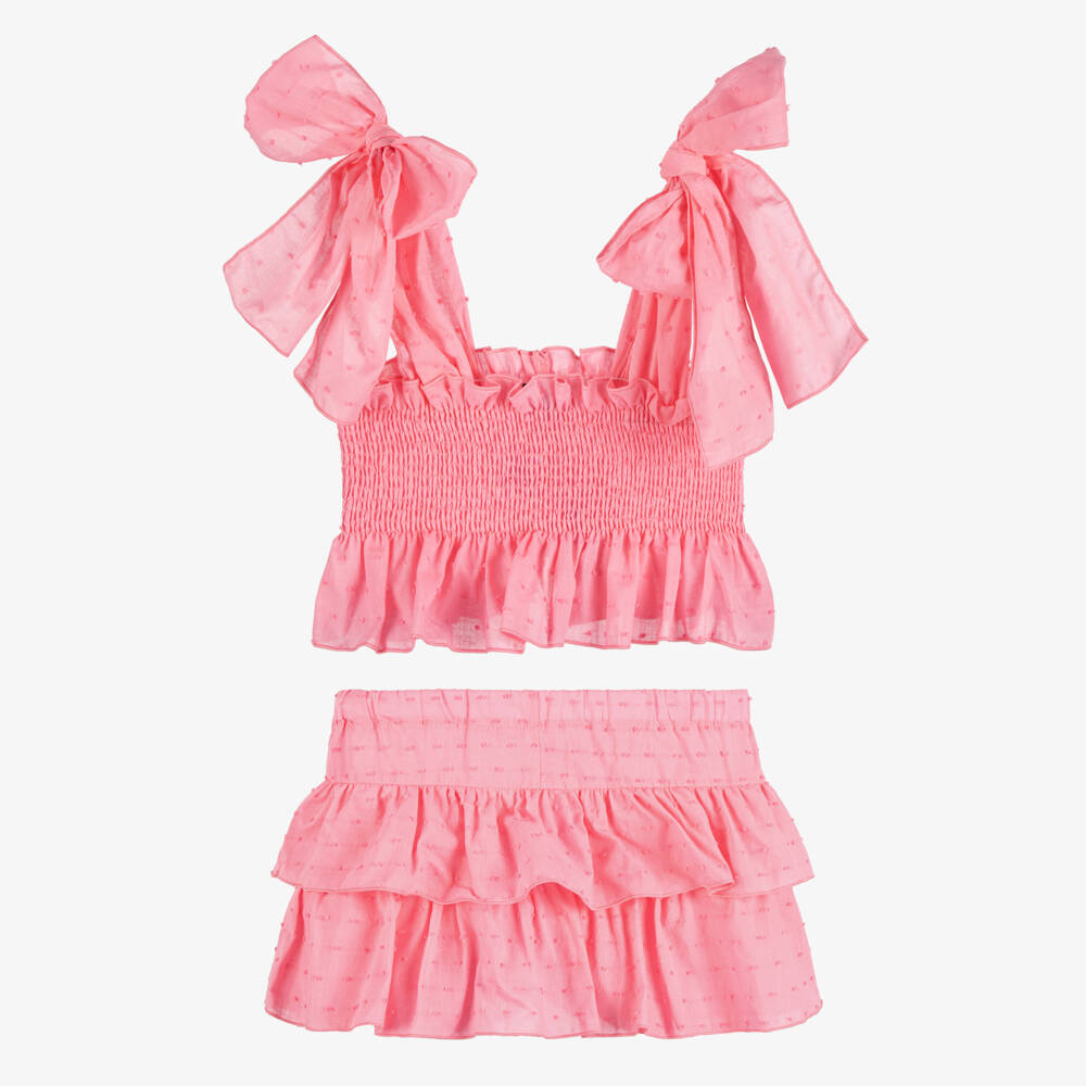 Phi Clothing-Girls Pink Cotton Plumeti Top & Skort Set | Childrensalon