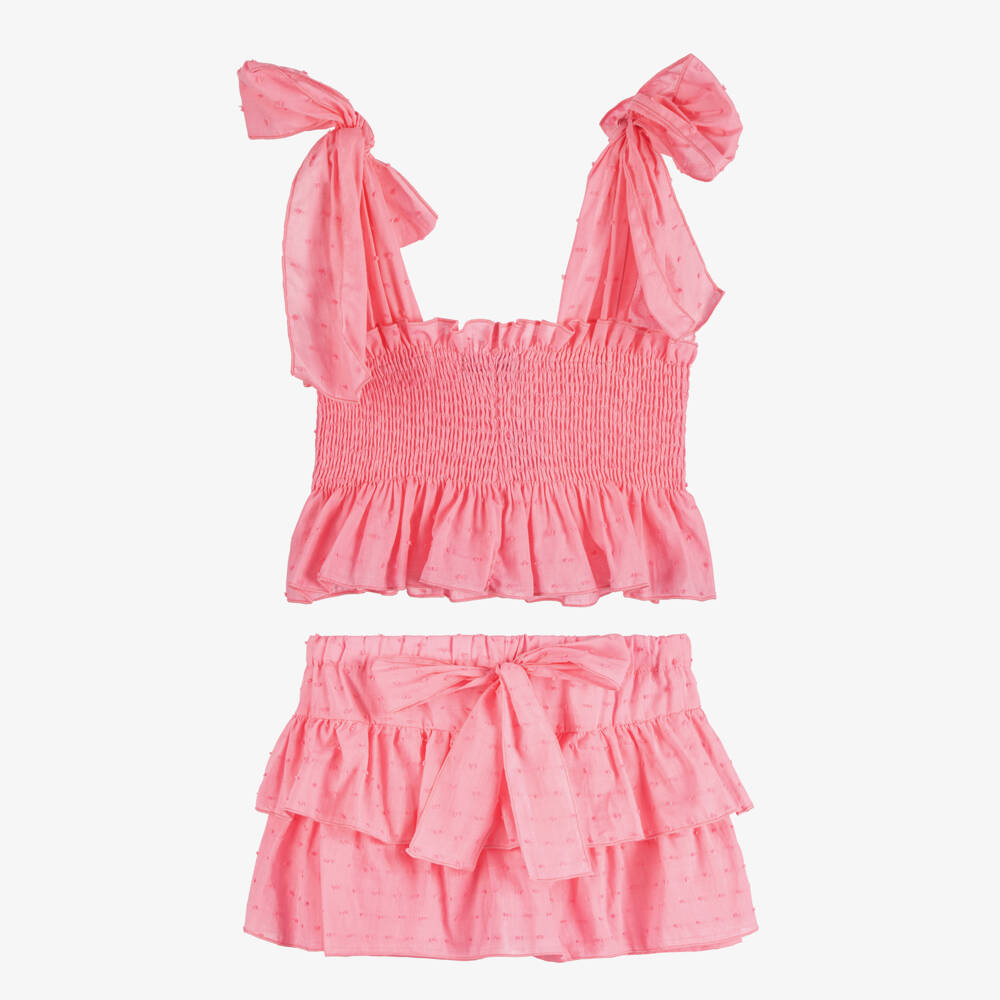 Phi Clothing-Girls Pink Cotton Plumeti Top & Skort Set | Childrensalon