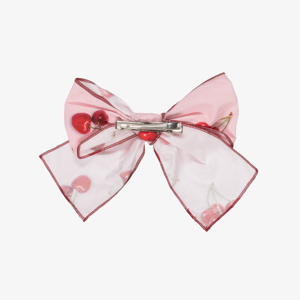Phi Clothing-Girls Pink Cotton & Red Cherry Print Bow Hair Clip (15cm) | Childrensalon