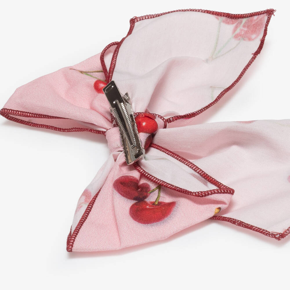 Phi Clothing-Girls Pink Cotton & Red Cherry Print Bow Hair Clip (15cm) | Childrensalon