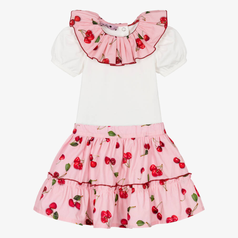 Phi Clothing-Girls Pink Cotton Skirt Set with Red Cherry Print | Childrensalon