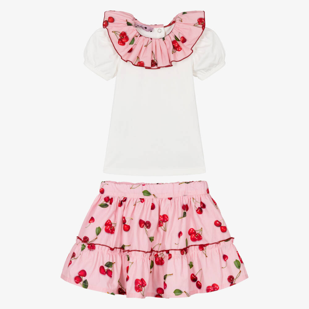 Phi Clothing-Girls Pink Cotton Skirt Set with Red Cherry Print | Childrensalon