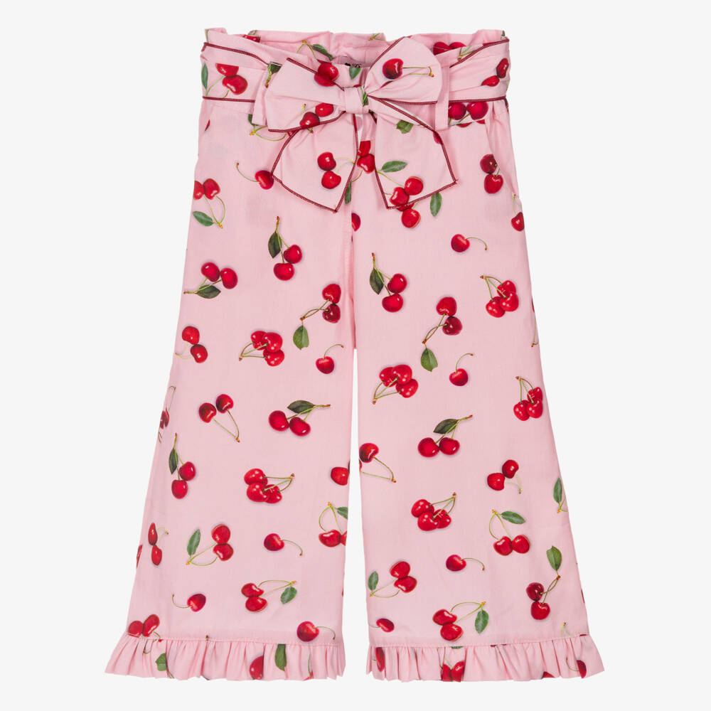 Phi Clothing-Girls Pink Cotton Trousers with Red Cherry Print | Childrensalon