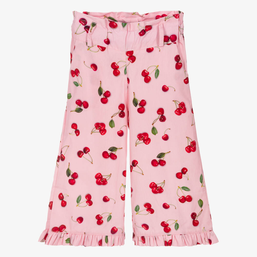 Phi Clothing-Girls Pink Cotton Trousers with Red Cherry Print | Childrensalon