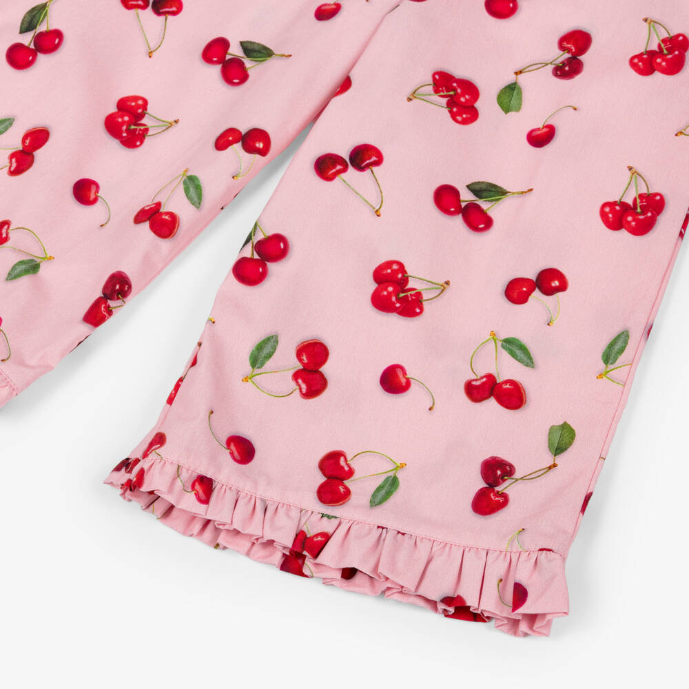 Phi Clothing-Girls Pink Cotton Trousers with Red Cherry Print | Childrensalon