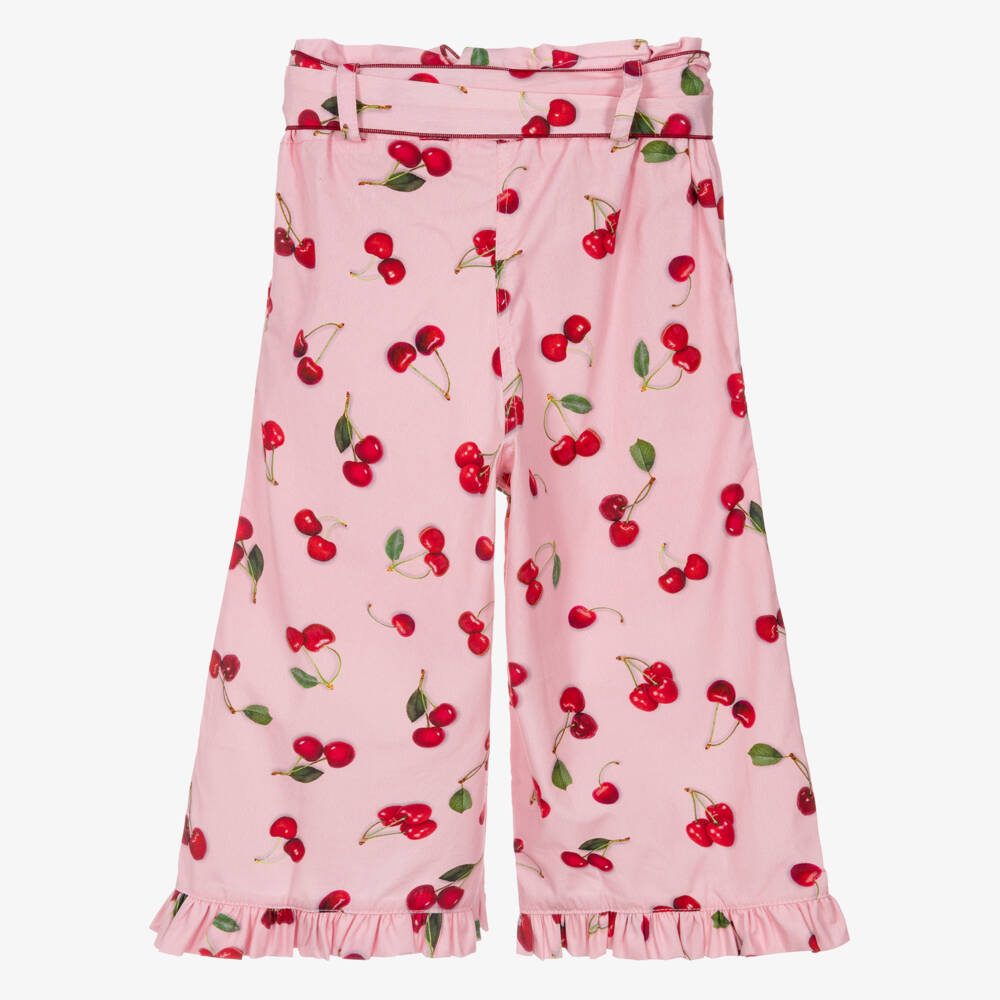 Phi Clothing-Girls Pink Cotton Trousers with Red Cherry Print | Childrensalon
