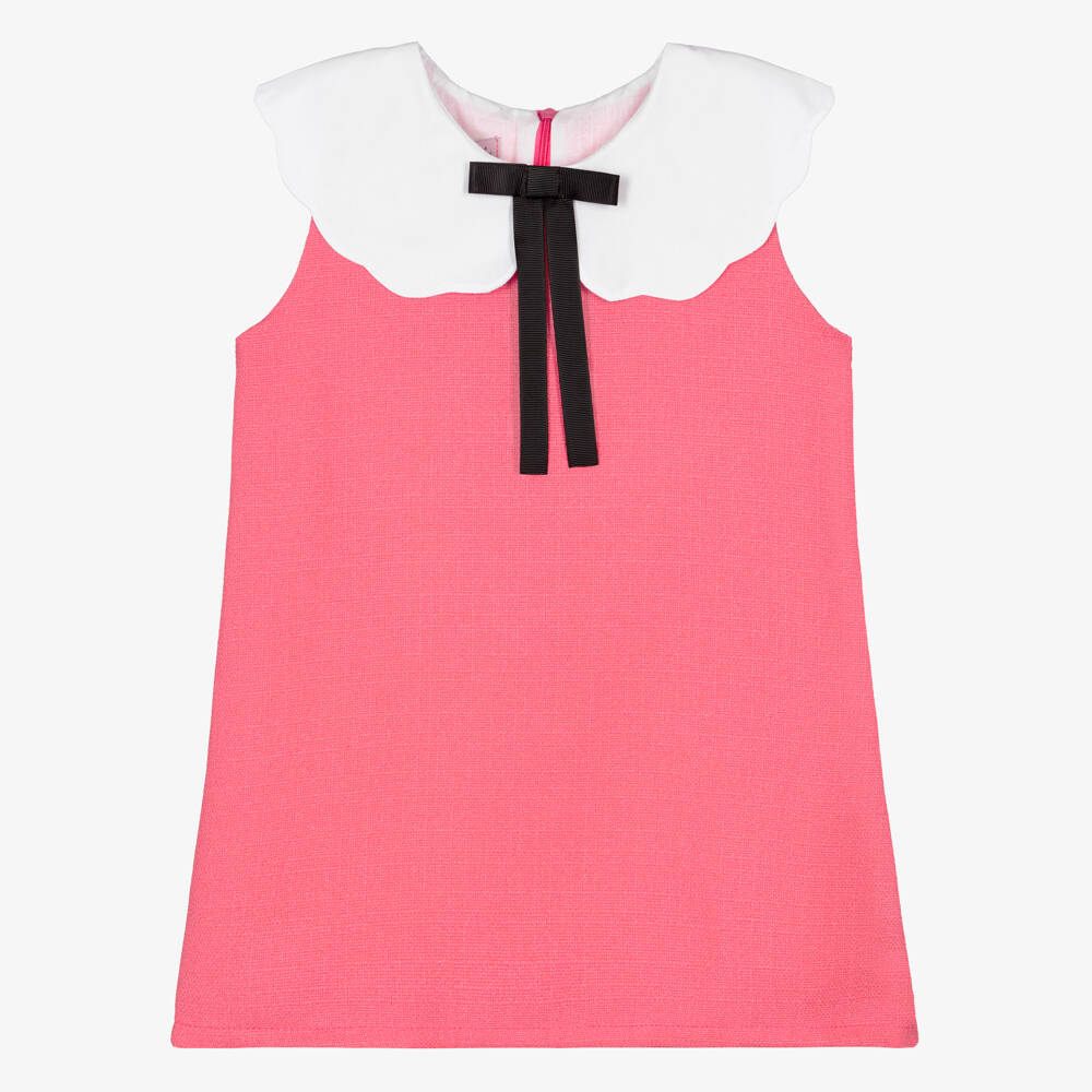 Phi Clothing-Girls Pink Dress with White Collar & Bow | Childrensalon